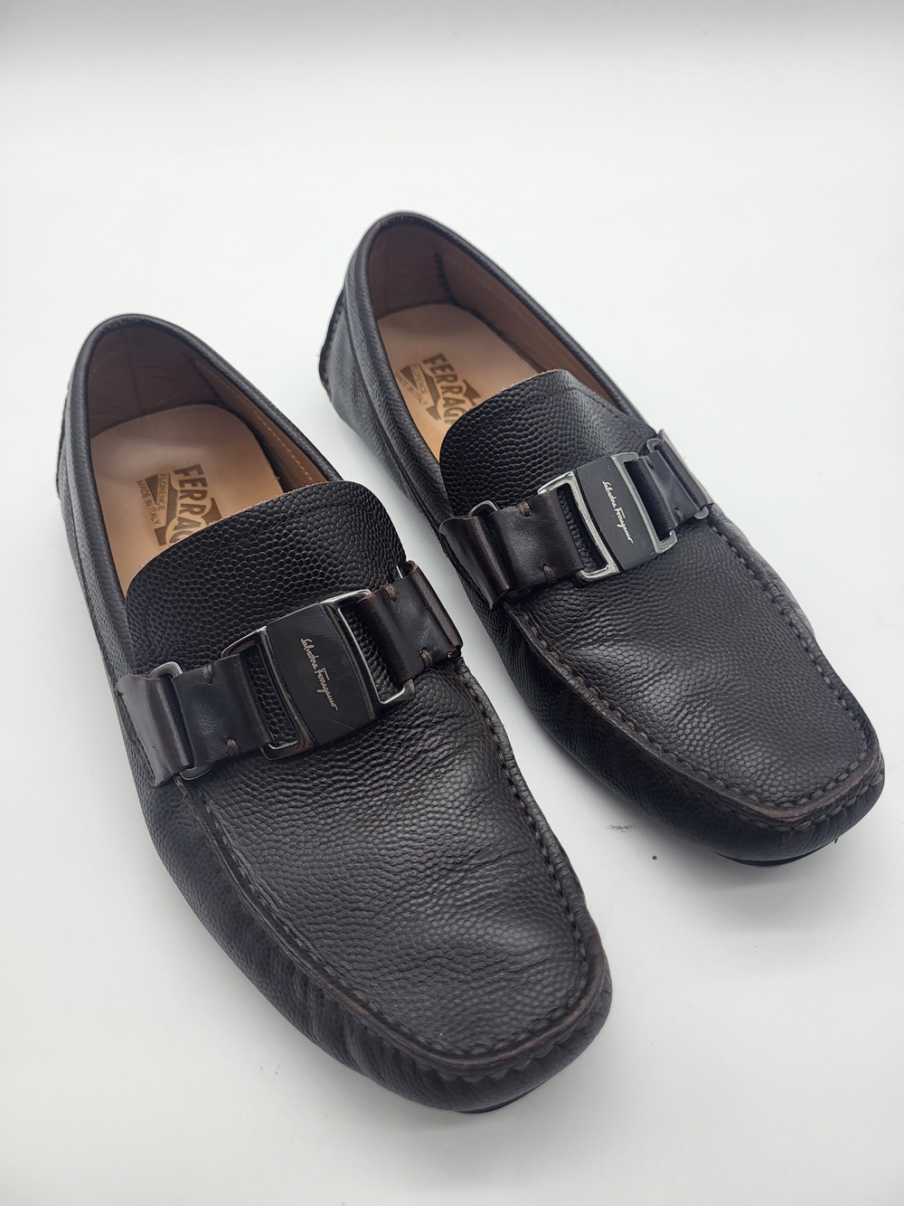 Salvatore Ferragamo Menβs Dark Brown Pebbled Leather Bit Loafers